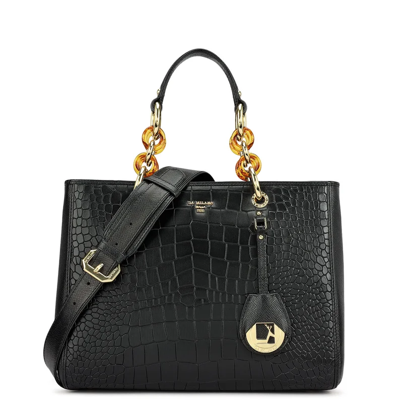 Da Milano Medium Croco Leather Satchel - Black